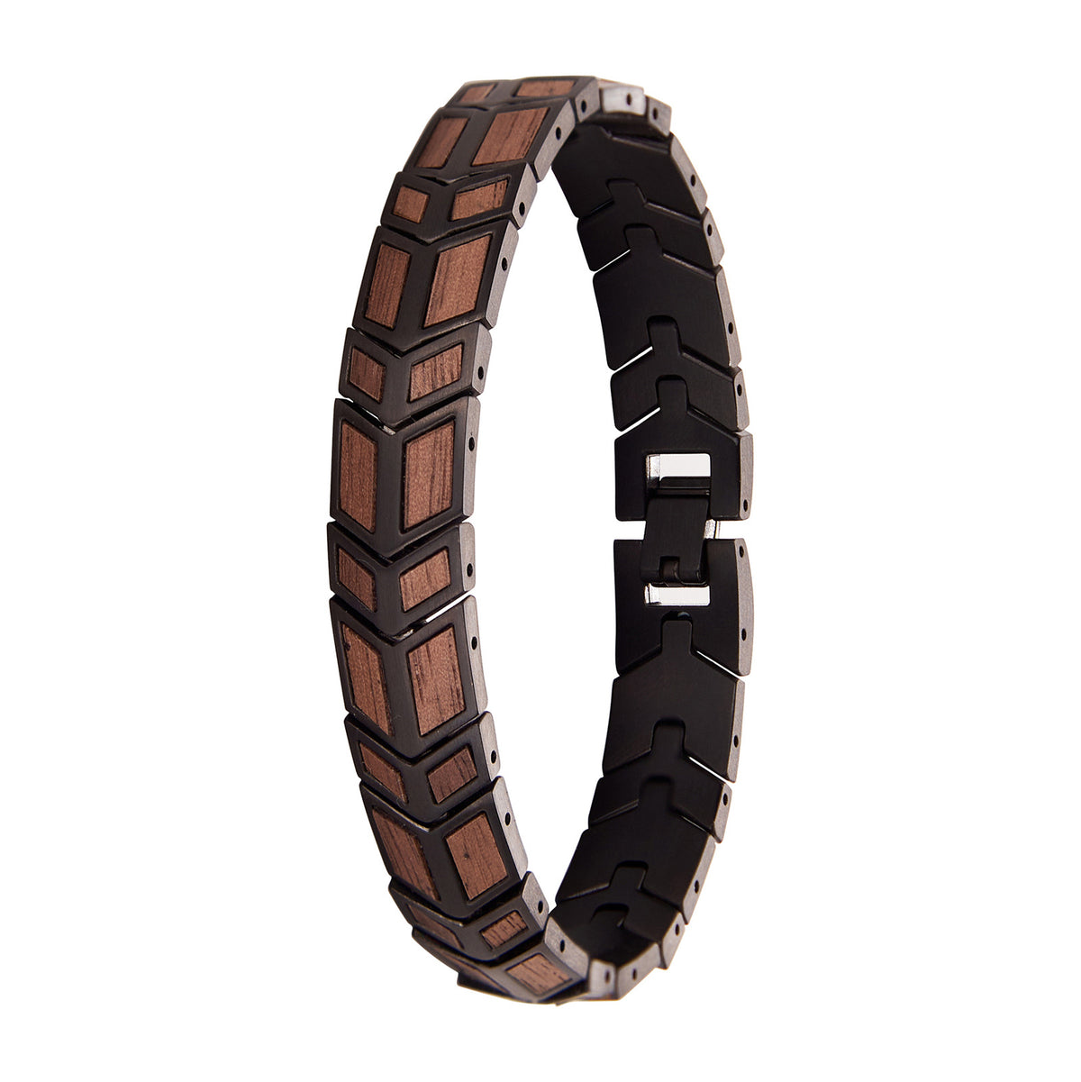 Men's bracelet made of black stainless steel and walnut wood, featuring a geometric pattern. A stylish, durable accessory for men, perfect for everyday wear and gifting.