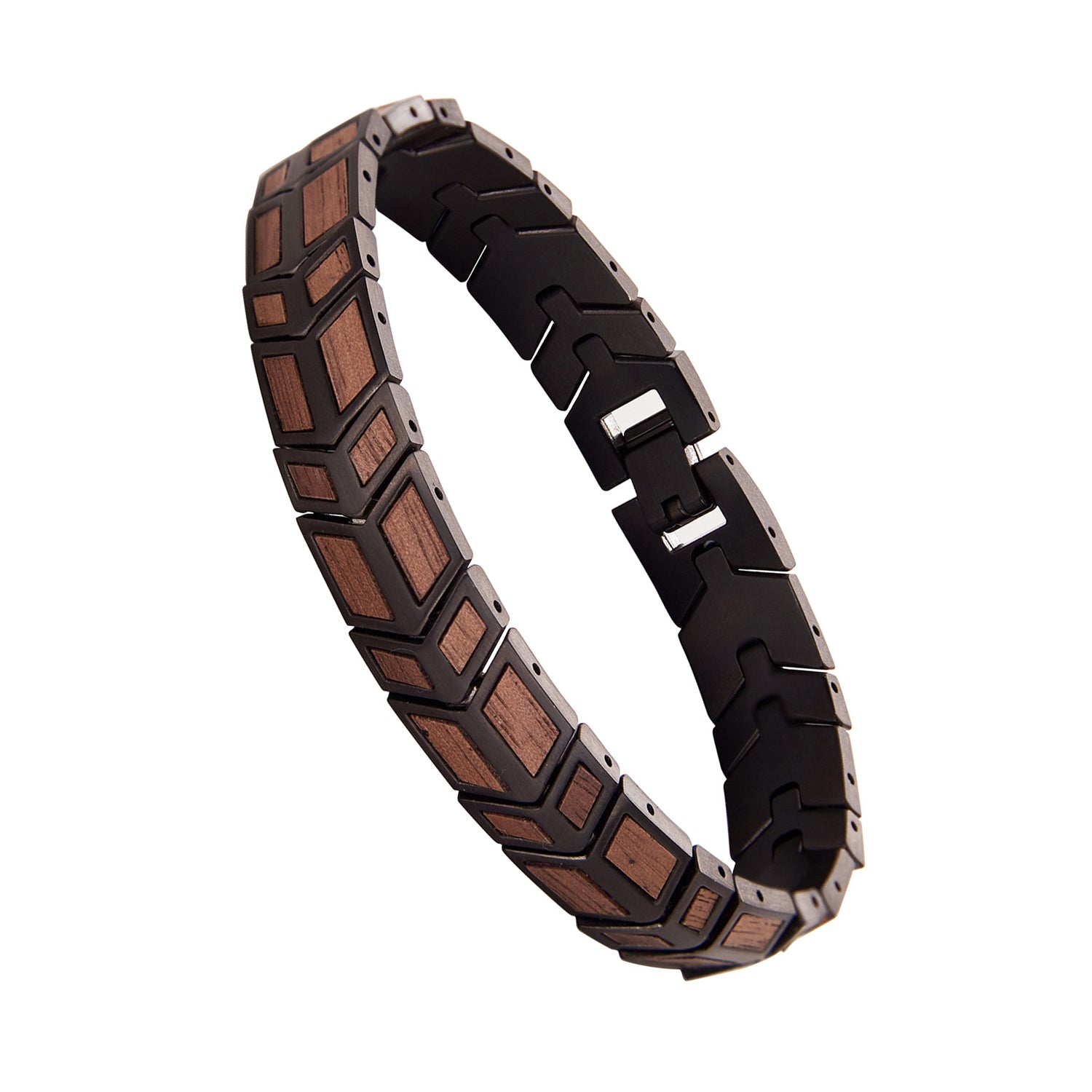 Angled view of men's bracelet made from black stainless steel and walnut wood, with a geometric pattern. Stylish accessory for men, ideal for fashion and gifting.