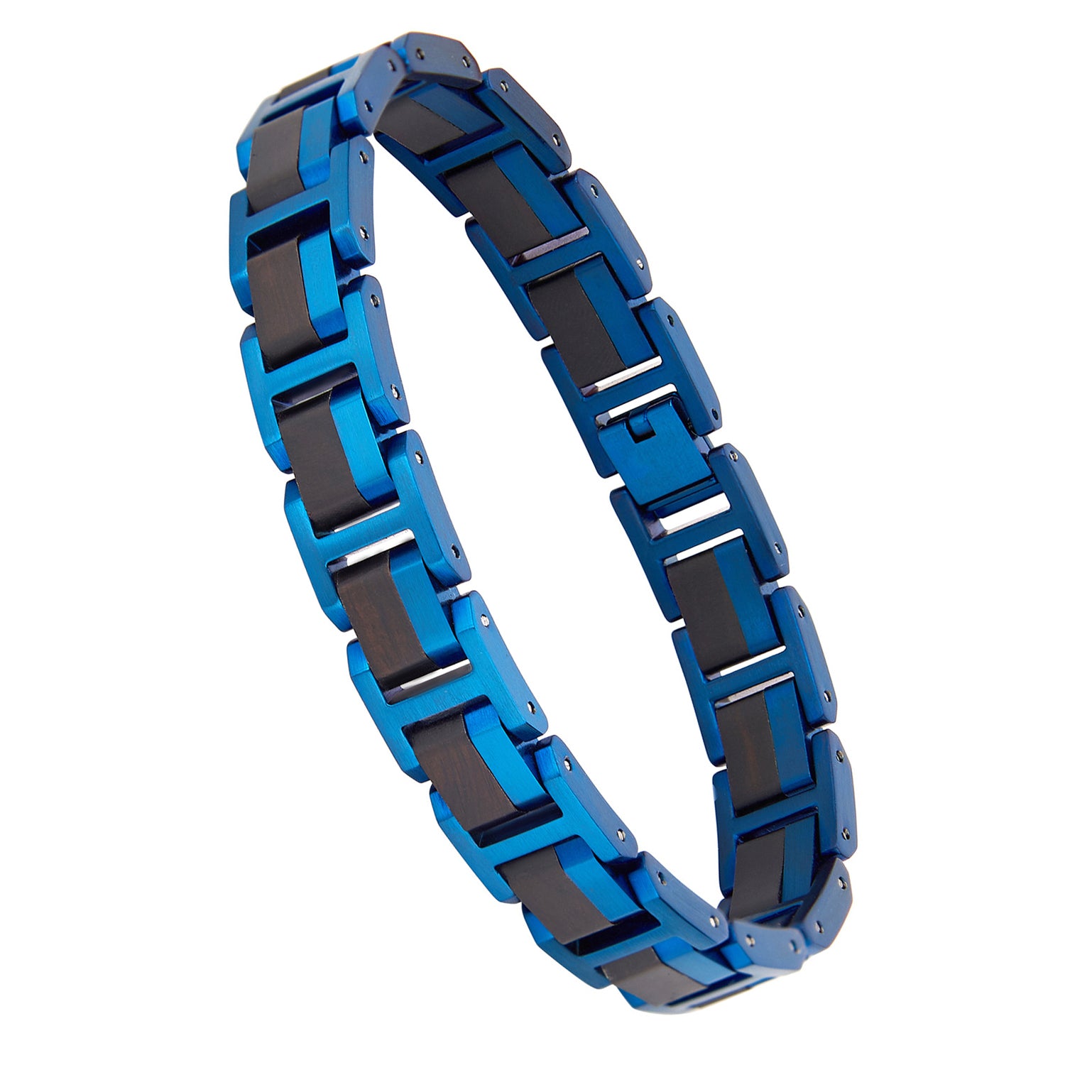 Men's bracelet crafted from blue stainless steel and ebony wood, a stylish wooden jewelry accessory for men, ideal for those wanting a unique and trendy men's bracelet.