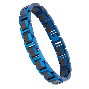 Men's bracelet crafted from blue stainless steel and ebony wood, a stylish wooden jewelry accessory for men, ideal for those wanting a unique and trendy men's bracelet.