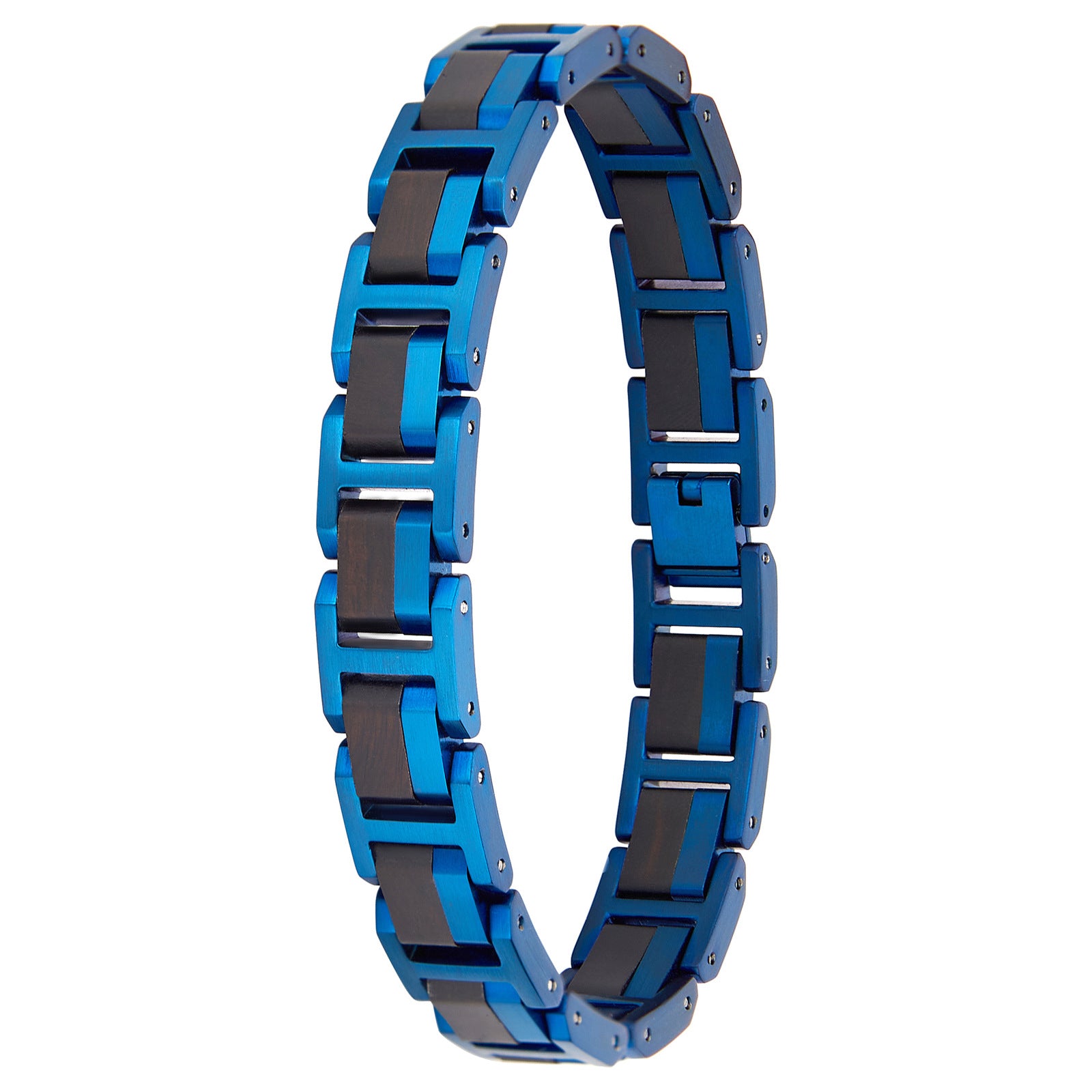 Men's bracelet made of blue stainless steel and ebony wood, stylish accessory for men, perfect for fashion-forward guys seeking a unique wooden jewelry piece.