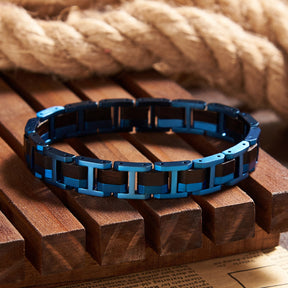 Men's bracelet made of blue stainless steel and ebony wood, featuring a trendy design, perfect for men's fashion and accessories