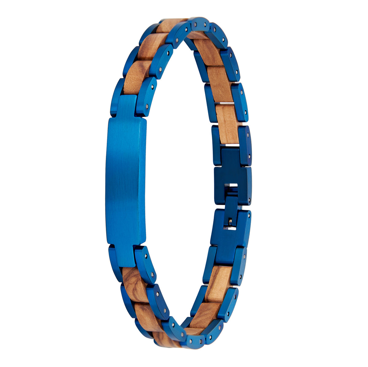 Men's bracelet made of blue stainless steel and olive wood, stylish link design, perfect for men's fashion and accessories.
