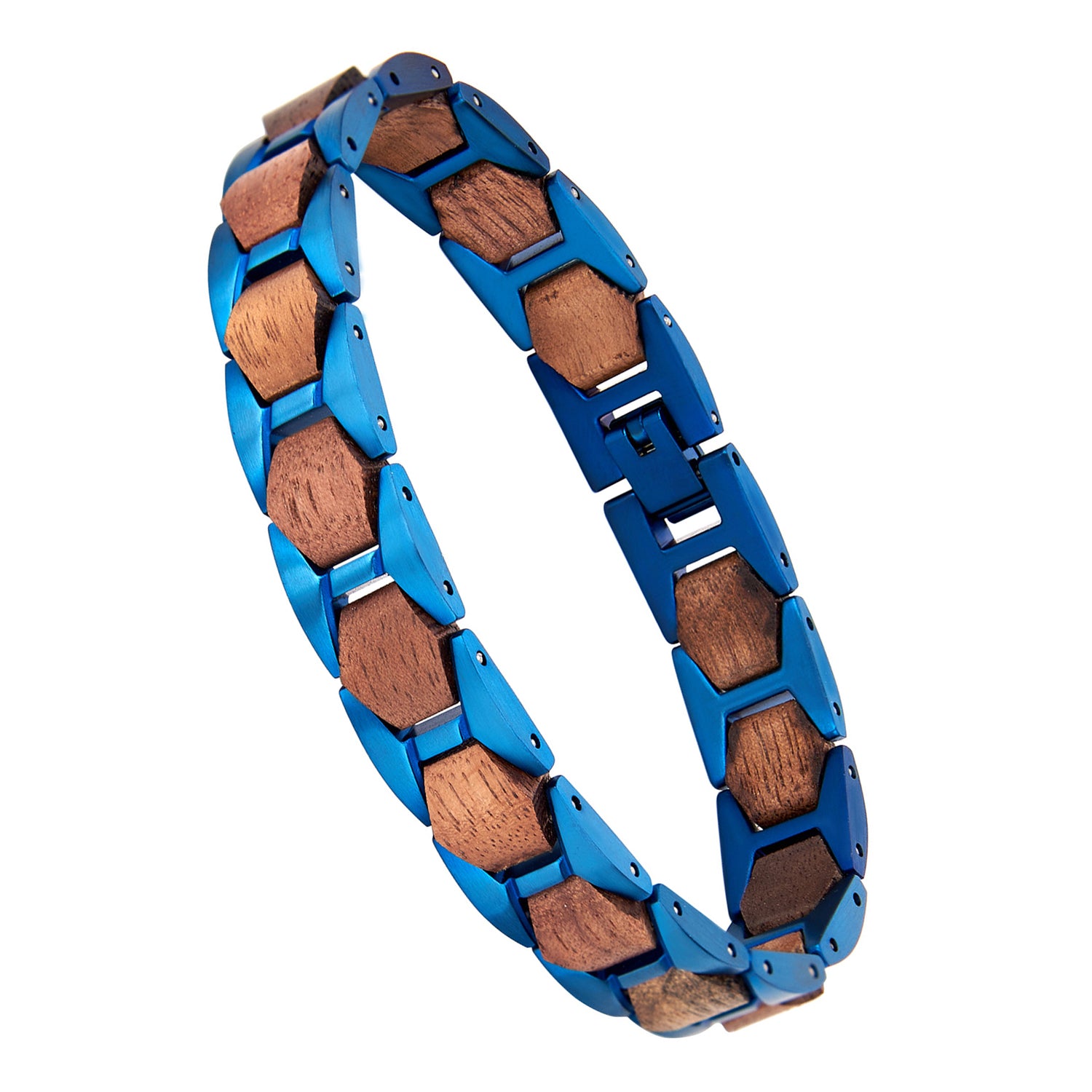 Men's bracelet with blue stainless steel and walnut wood geometric links, a modern and masculine piece for men's jewelry collection.