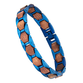 Men's bracelet with blue stainless steel and walnut wood geometric links, a modern and masculine piece for men's jewelry collection.