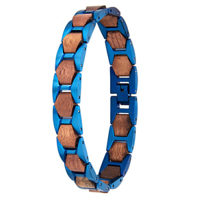 Men's bracelet with blue stainless steel and walnut wood hexagonal links, a stylish and unique accessory for men's fashion.
