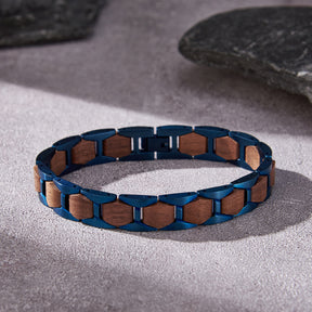 Men's bracelet crafted from blue stainless steel and walnut wood, featuring a stylish link design, ideal for men's fashion and accessories.
