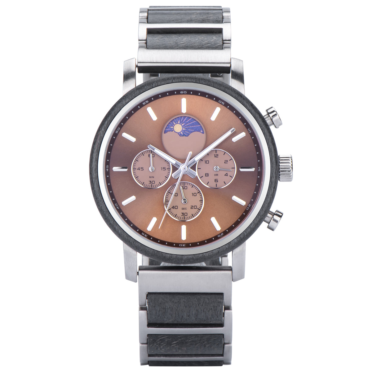 A men's chronograph watch featuring a moon phase complication, brown gradient dial, and a combination of wood and stainless steel bracelet, displayed against a white background.