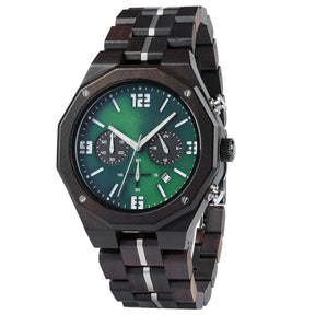 A men's chronograph watch featuring a combination of dark wood and silver-accented bands, a green dial with white numerals and markers, multiple sub-dials, date display, and metallic pushers, shown from an angled view isolated on a white background.