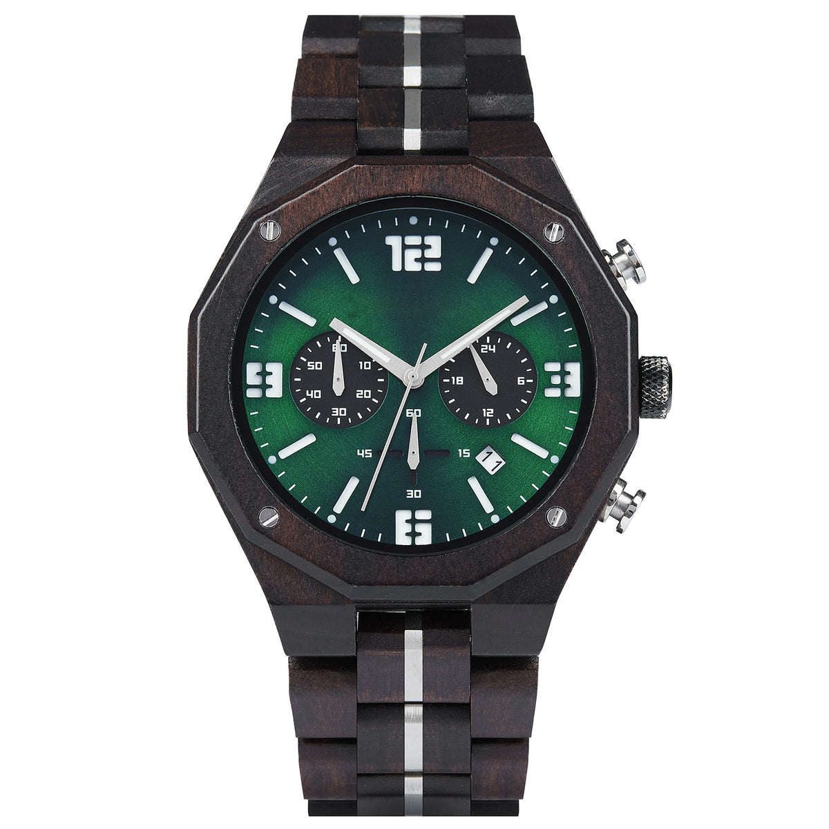 A men's chronograph watch featuring a combination of dark wood and silver-accented bands, a green dial with white numerals and markers, multiple sub-dials, date display, and metallic pushers, isolated on a white background.
