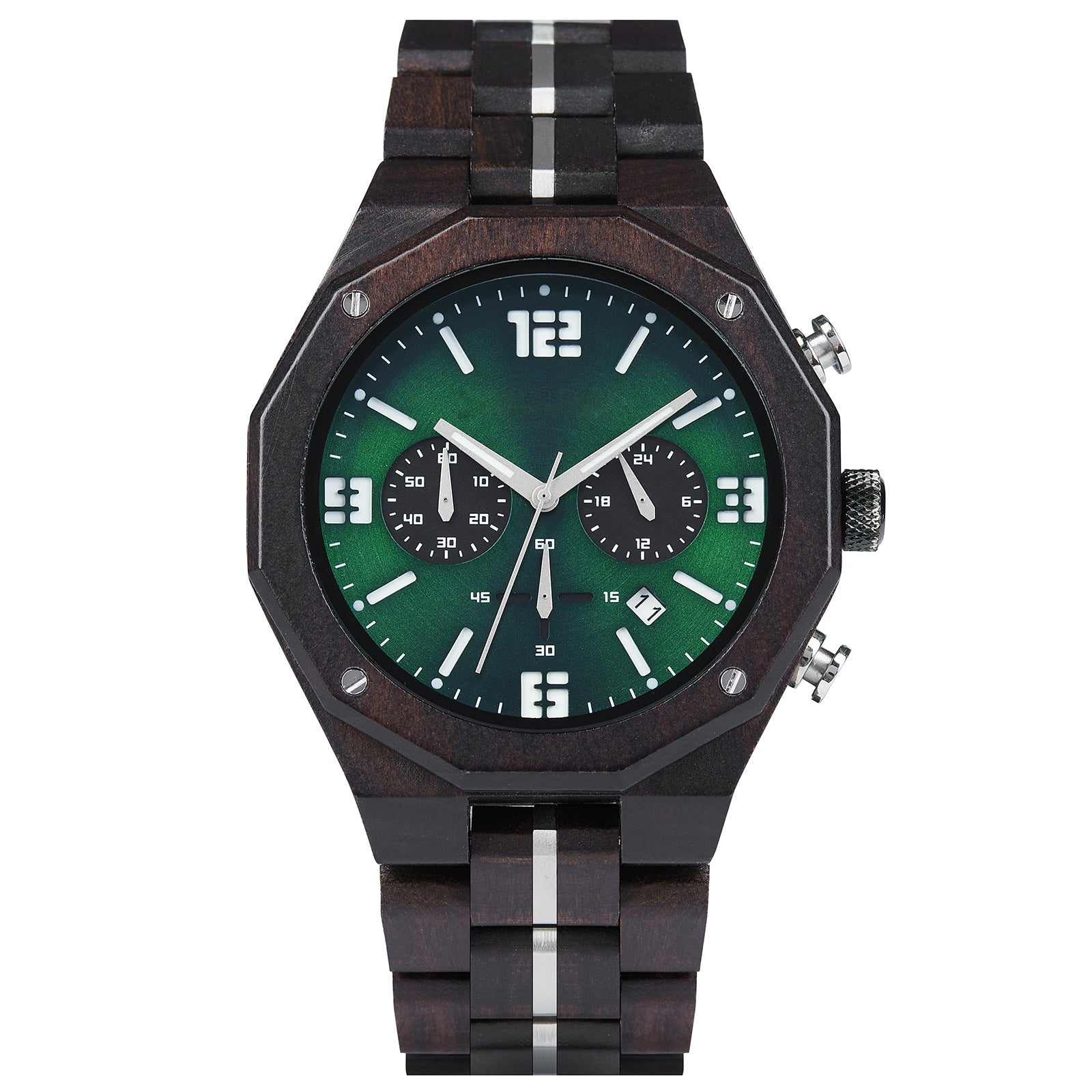 A men's chronograph watch featuring a combination of dark wood and silver-accented bands, a green dial with white numerals and markers, multiple sub-dials, date display, and metallic pushers, isolated on a white background.