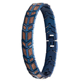 Men's bracelet with blue stainless steel and walnut wood geometric inlay. A fashionable, durable accessory for men, ideal for elevating any outfit.