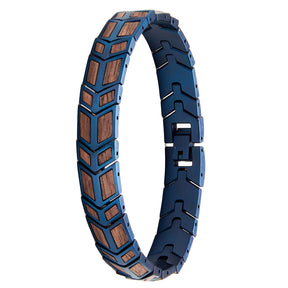 Men's bracelet with blue stainless steel and walnut wood geometric inlay. A fashionable, durable accessory for men, ideal for elevating any outfit.
