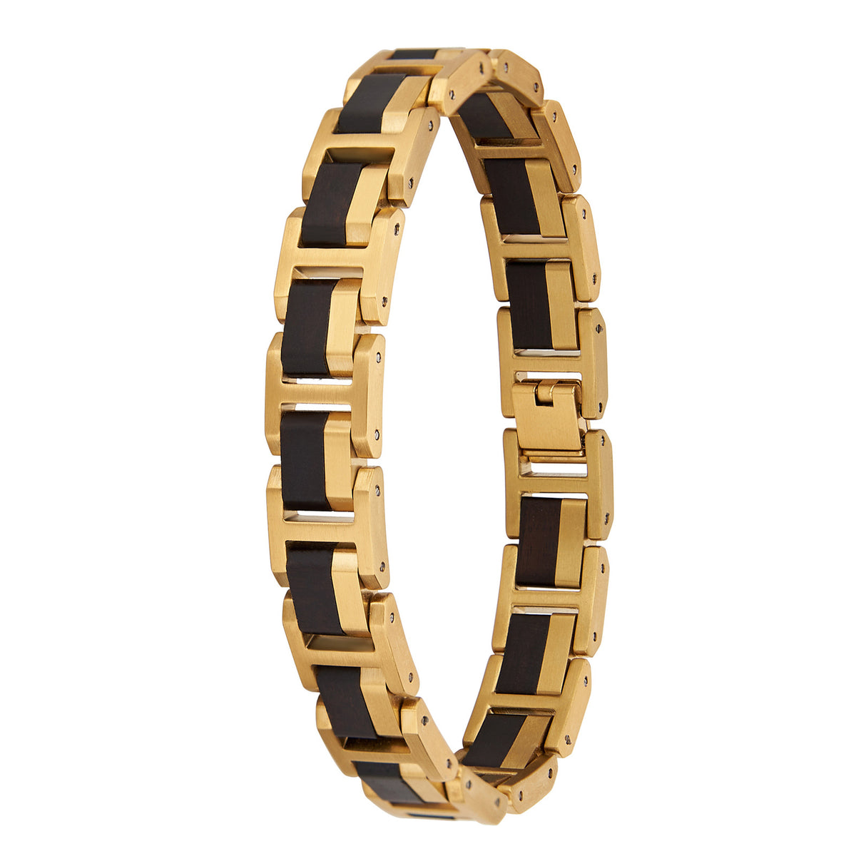 Men's bracelet made of gold stainless steel and ebony wood, featuring a sleek geometric design, perfect for upscale men's accessories.