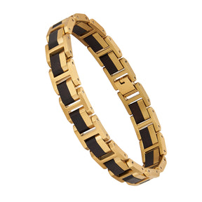 Men's bracelet with gold stainless steel and ebony wood links, showcasing a premium and stylish design for men's accessories.