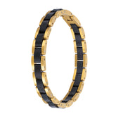 Men's black wooden link bracelet with gold-tone stainless steel accents, stylish men's accessory for everyday or special occasions.