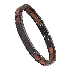 Angled view of men's bracelet crafted from gunmetal stainless steel and walnut wood, a rugged yet stylish accessory for modern men, ideal for casual and formal looks.
