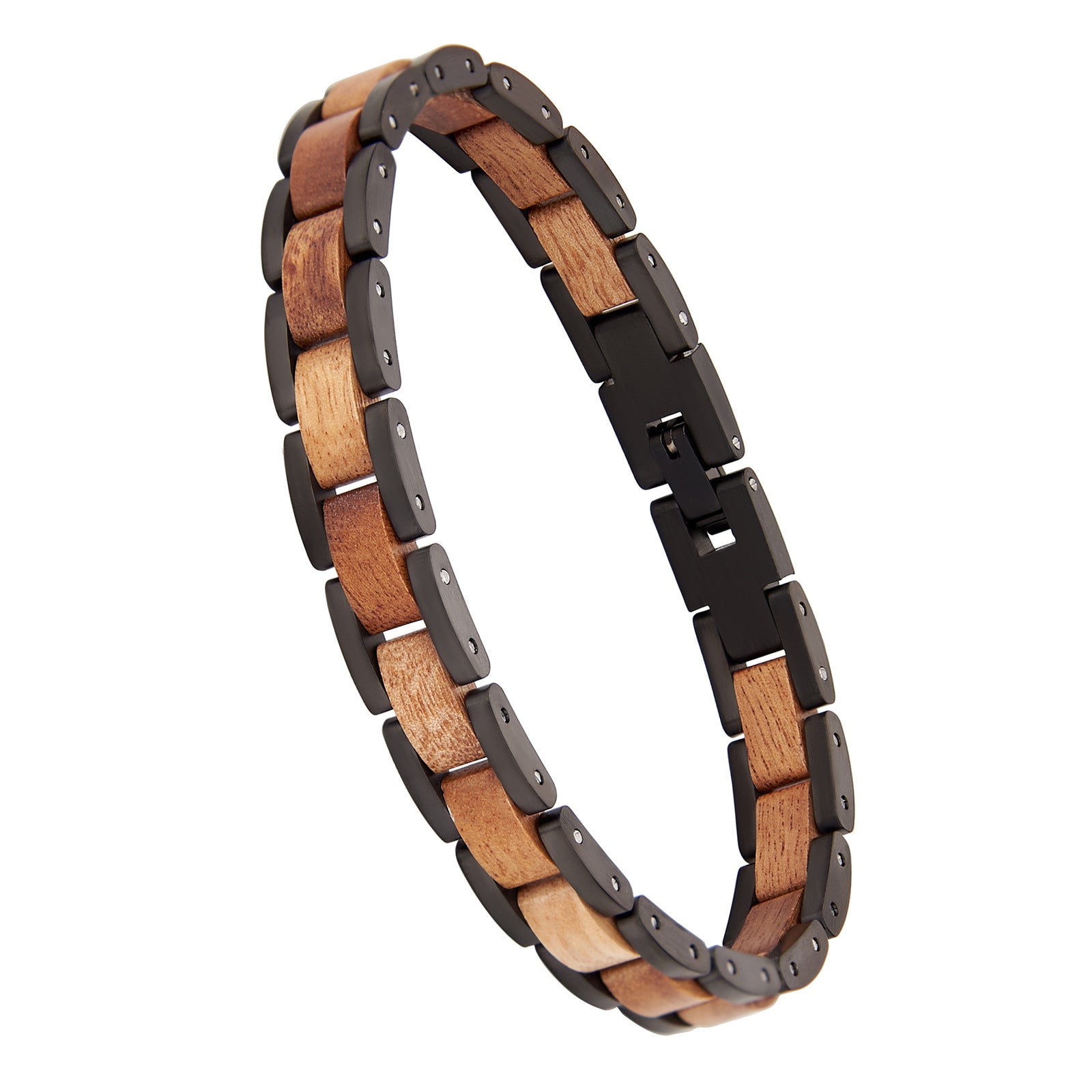 Men's bracelet made with black stainless steel and Hawaiian wood, fashionable accessory for men, suitable for daily wear and gifting.