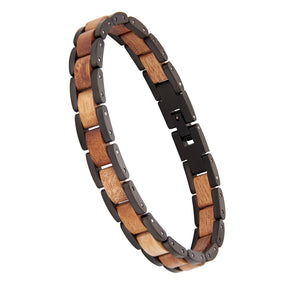 Men's bracelet made with black stainless steel and Hawaiian wood, fashionable accessory for men, suitable for daily wear and gifting.