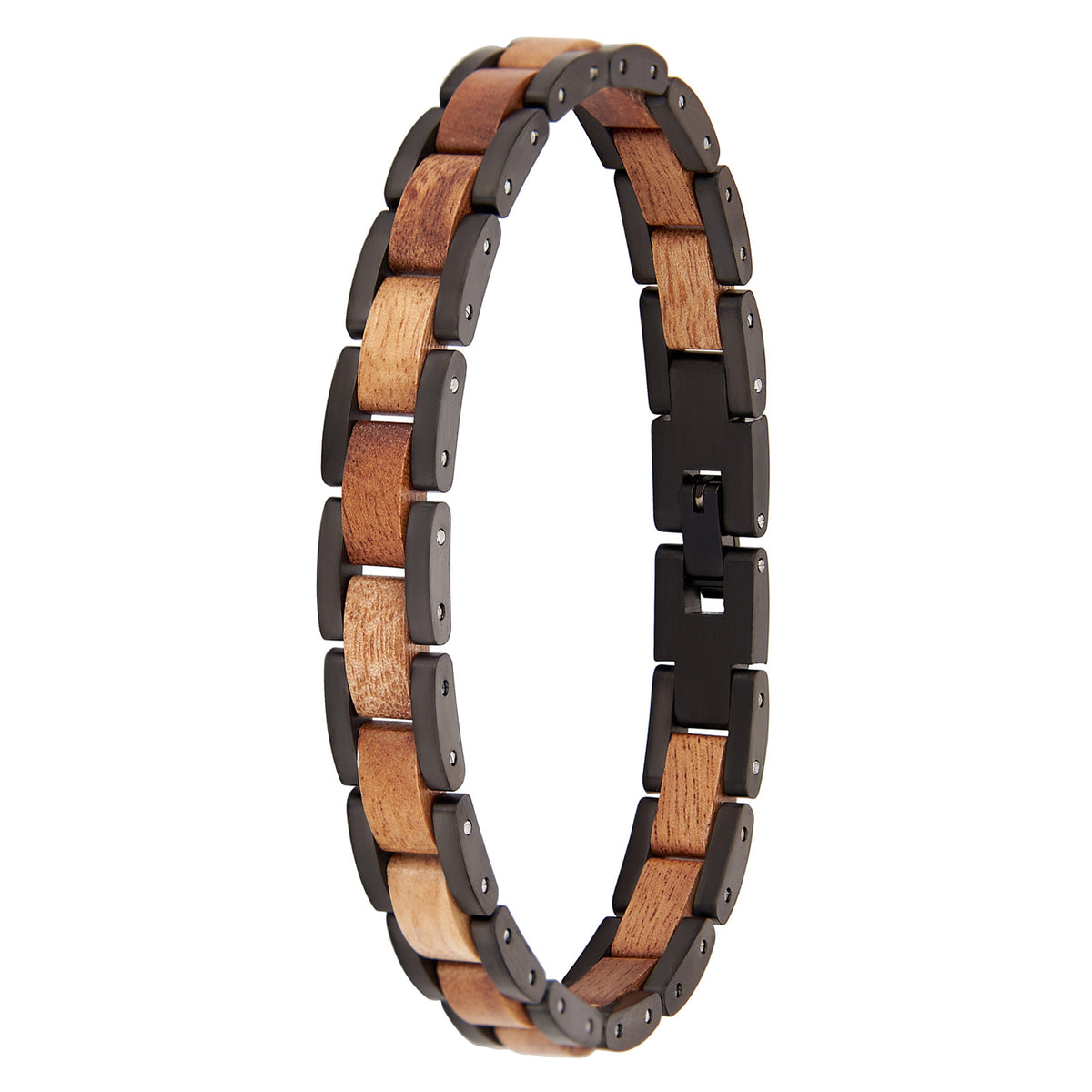 Men's bracelet crafted from black stainless steel and Hawaiian wood, trendy accessory for men, ideal for everyday style and gifting.