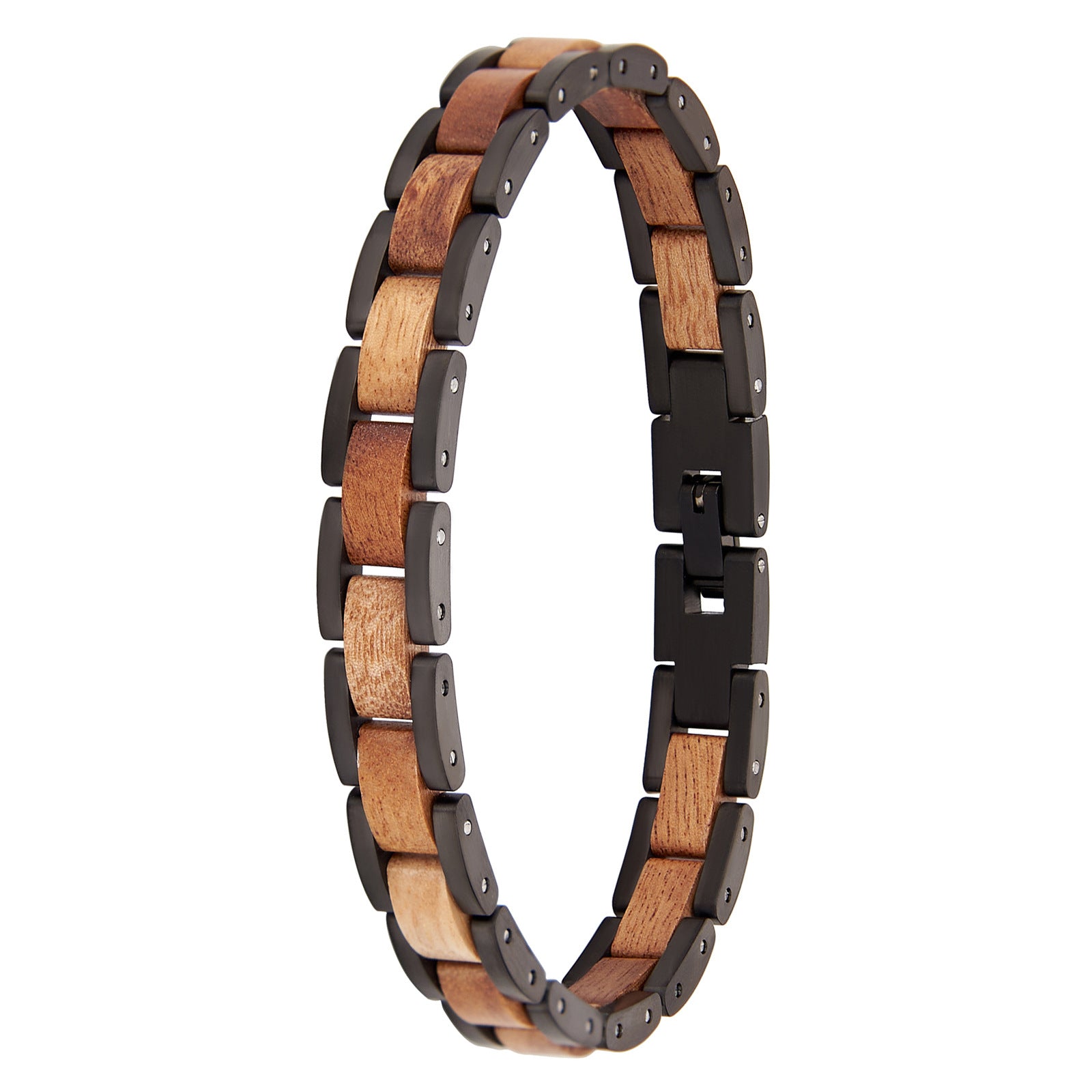 Men's bracelet crafted from black stainless steel and Hawaiian wood, trendy accessory for men, ideal for everyday style and gifting.