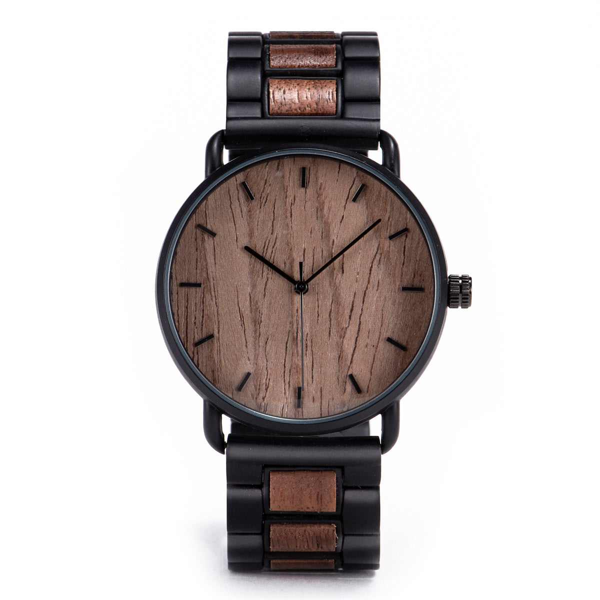 A minimalist men's watch featuring a dark natural wooden dial, black metal and dark wood accent band, presented against a white background to highlight its sleek and natural design aesthetic.