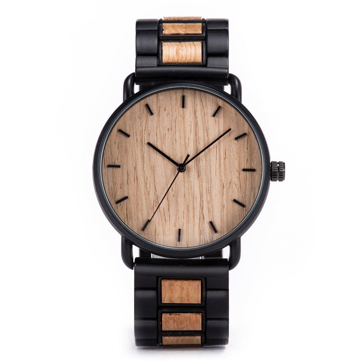 A minimalist men's watch featuring a natural wooden dial, black metal and wood accent band, presented against a white background to highlight its sleek and natural design aesthetic.