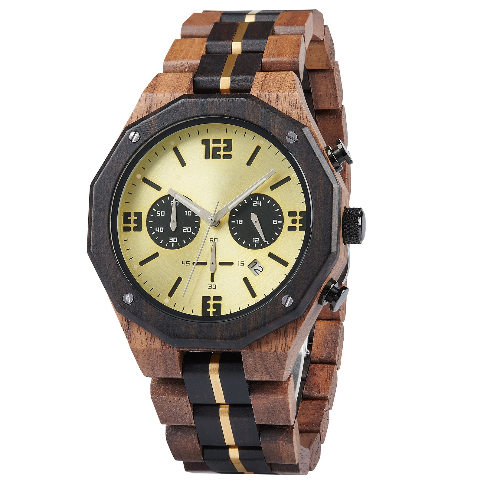 A men's chronograph watch featuring a combination of multicolored wood and gold-accented bands, a gold dial with bold numerals, multiple sub-dials, date display, and metallic pushers, shown from an angled view isolated on a white background.
