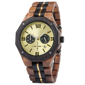 A men's chronograph watch featuring a combination of multicolored wood and gold-accented bands, a gold dial with bold numerals, multiple sub-dials, date display, and metallic pushers, shown from an angled view isolated on a white background.