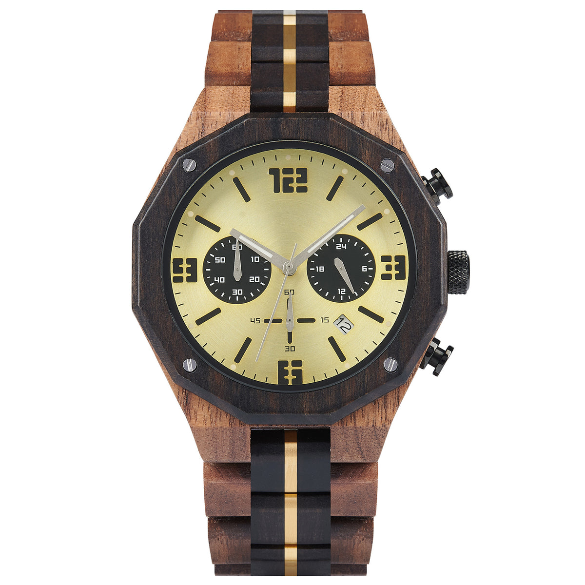A men's chronograph watch featuring a combination of multicolored wood and gold-accented bands, a gold dial with bold numerals, multiple sub-dials, date display, and metallic pushers, isolated on a white background.