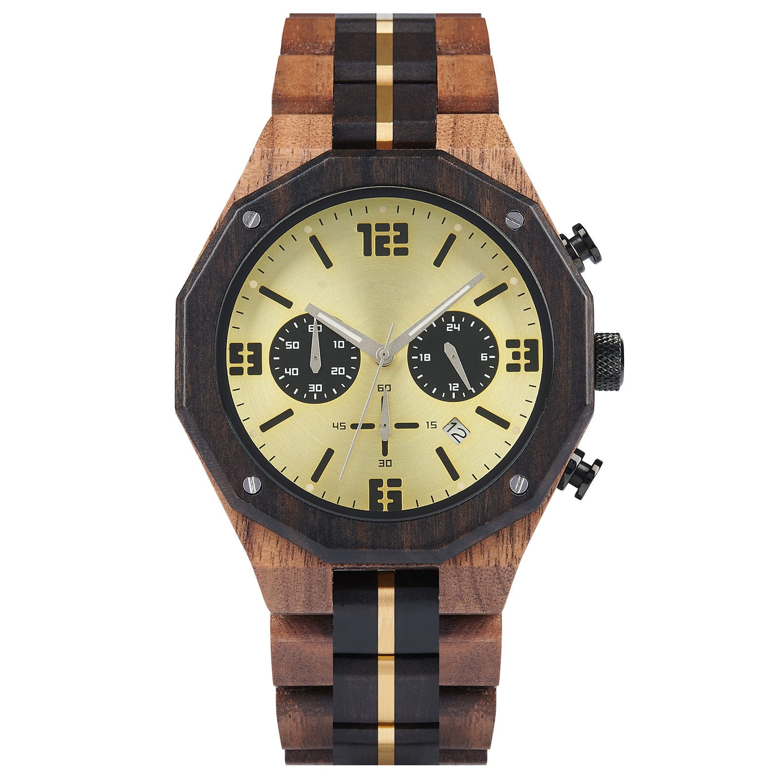 A men's chronograph watch featuring a combination of multicolored wood and gold-accented bands, a gold dial with bold numerals, multiple sub-dials, date display, and metallic pushers, isolated on a white background.