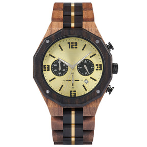 A men's chronograph watch featuring a combination of multicolored wood and gold-accented bands, a gold dial with bold numerals, multiple sub-dials, date display, and metallic pushers, isolated on a white background.