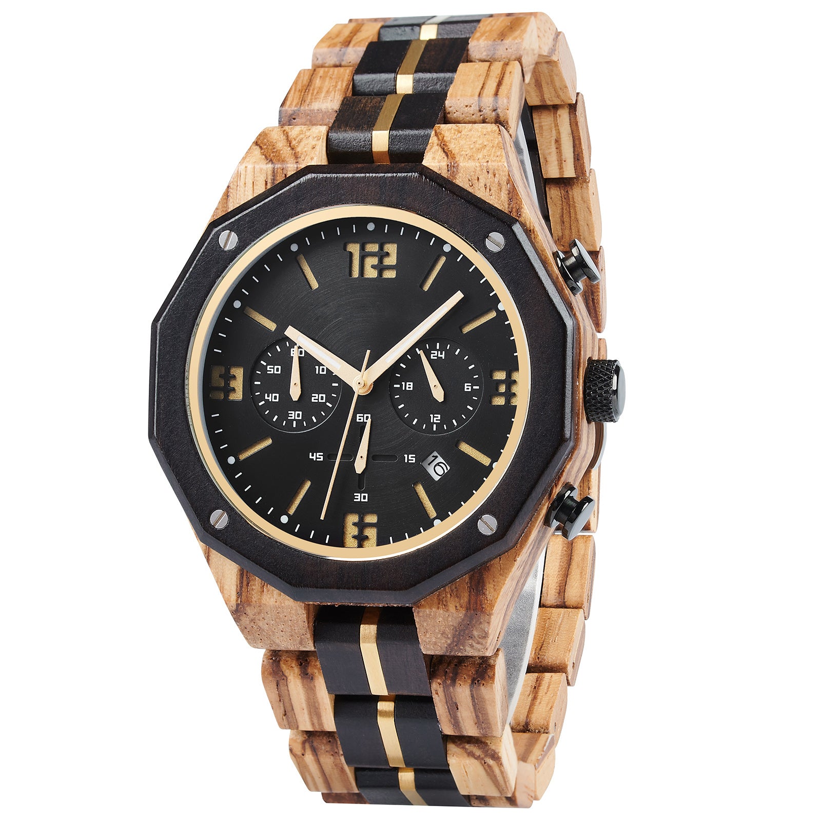 A men's chronograph watch featuring a combination of multicolored wood and gold-accented bands, a black dial with gold numerals and markers, multiple sub-dials, date display, and metallic pushers, shown from an angled view isolated on a white background.