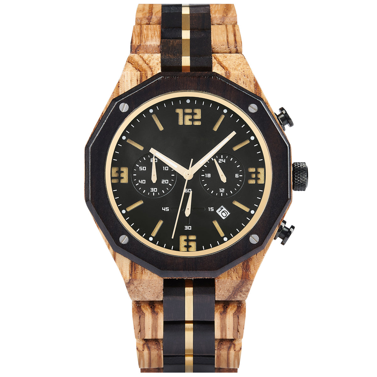 A men's chronograph watch featuring a combination of multicolored wood and gold-accented bands, a black dial with gold numerals and markers, multiple sub-dials, date display, and metallic pushers, isolated on a white background.