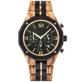 A men's chronograph watch featuring a combination of multicolored wood and gold-accented bands, a black dial with gold numerals and markers, multiple sub-dials, date display, and metallic pushers, isolated on a white background.
