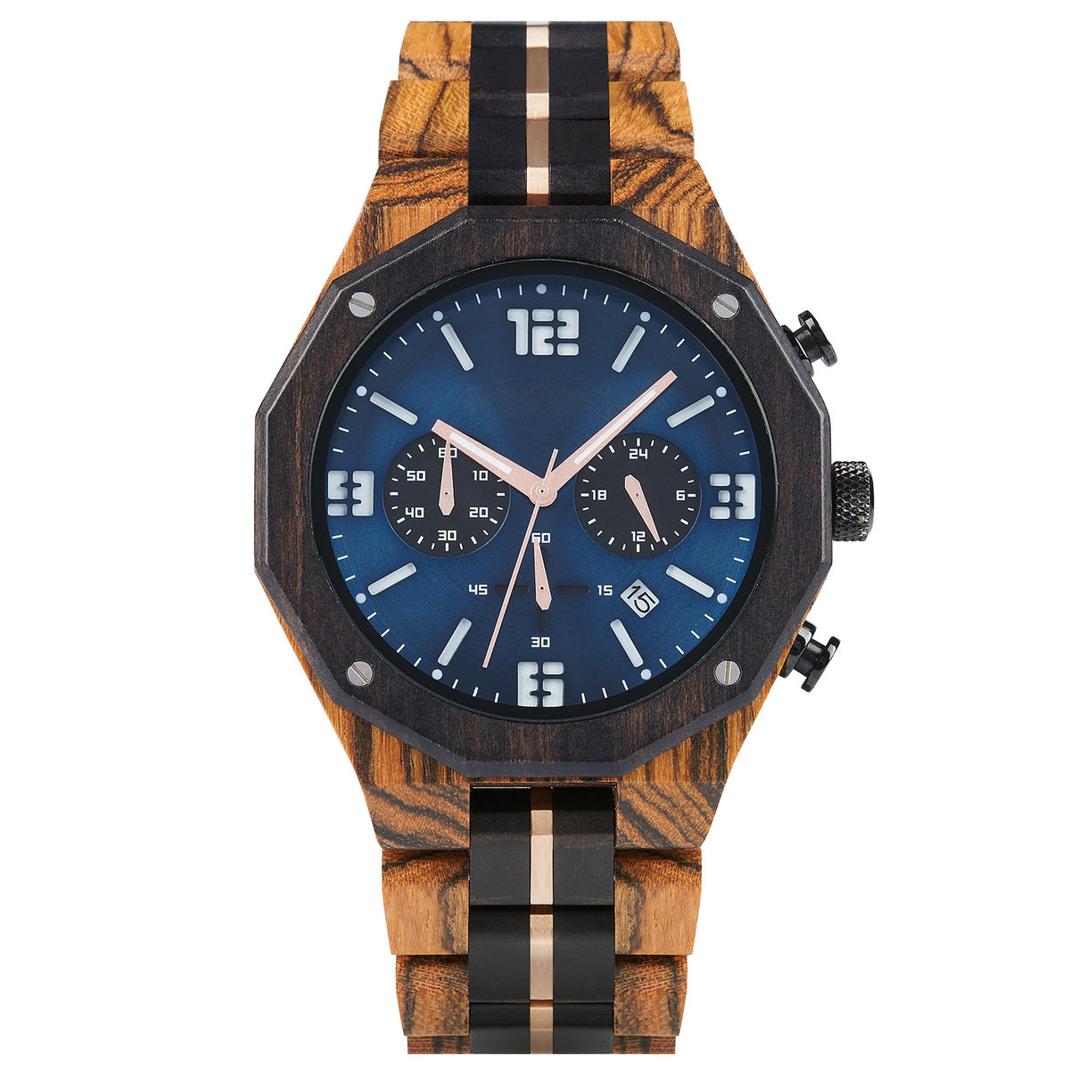 A men's chronograph watch featuring a combination of multicolored wood and rose gold-accented bands, a blue dial with white numerals and markers, multiple sub-dials, date display, and metallic pushers, isolated on a white background.