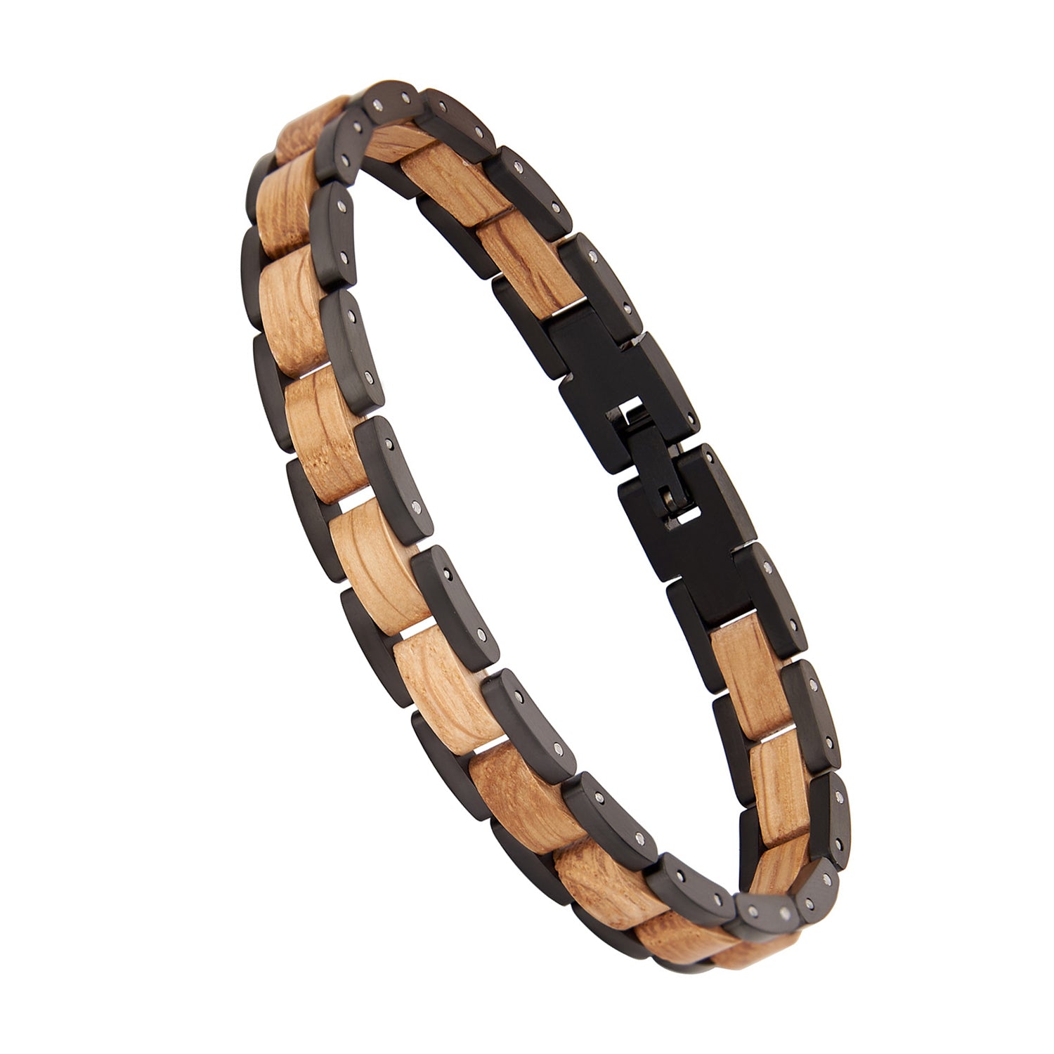 Men's bracelet with oak wood and black stainless steel, a stylish and unique accessory for modern men.
