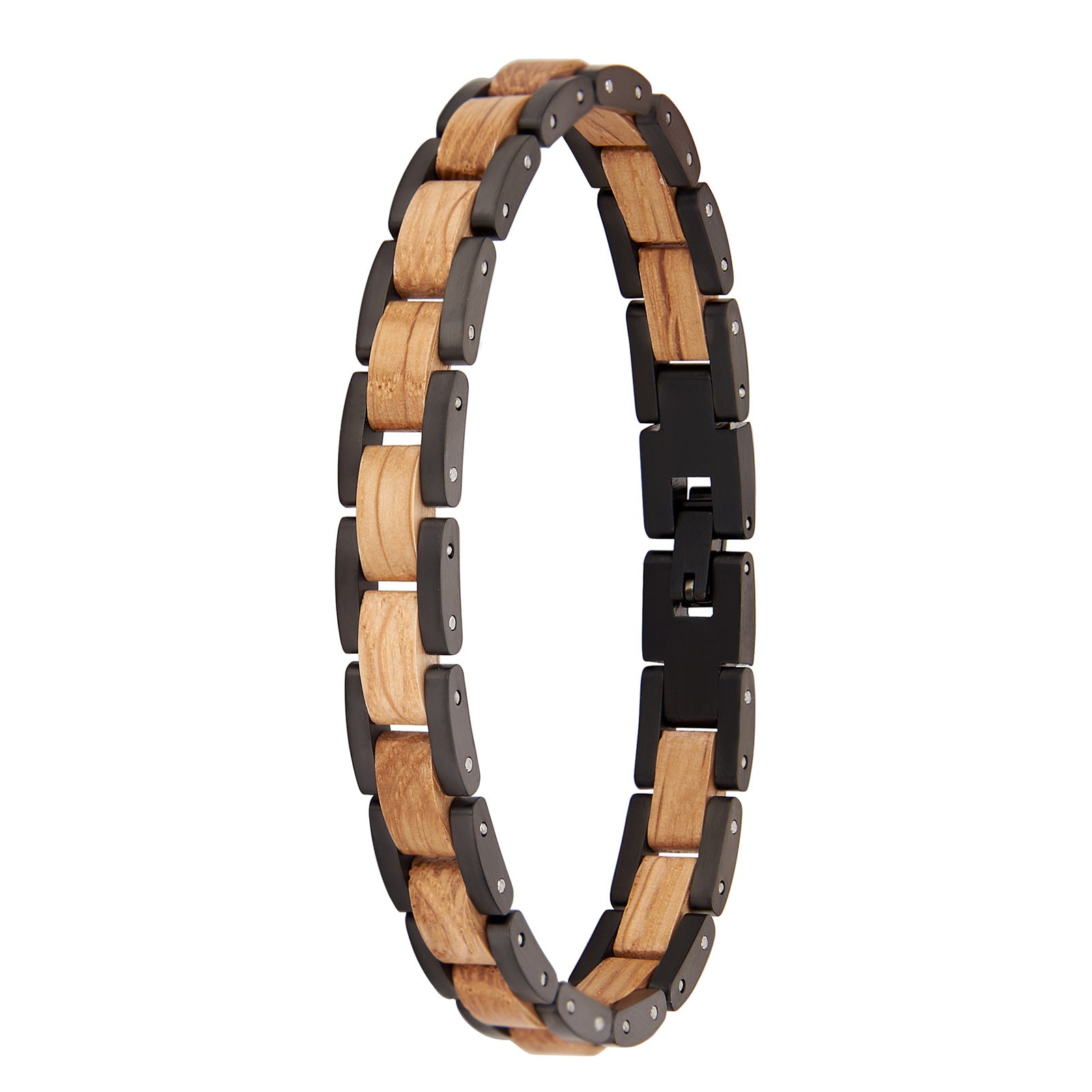 Men's bracelet made of oak wood and black stainless steel, a stylish and unique accessory for modern men.