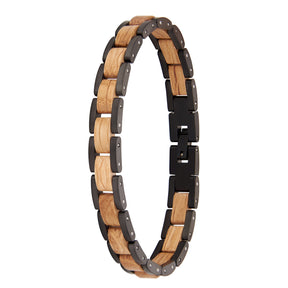 Men's bracelet made of oak wood and black stainless steel, a stylish and unique accessory for modern men.