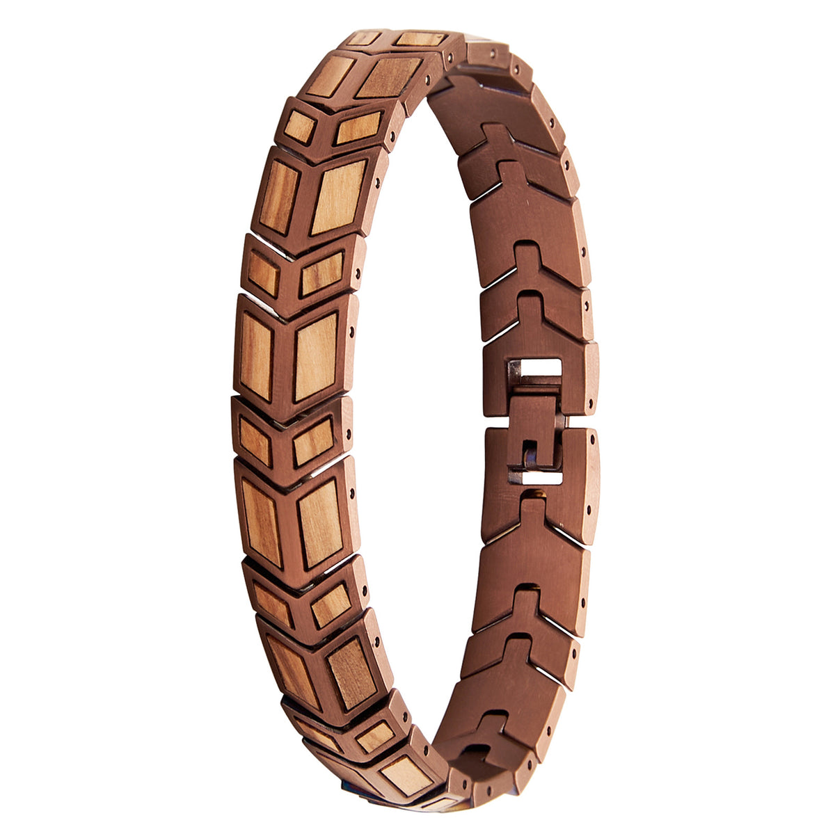 Men's bracelet featuring rose gold stainless steel and olive wood geometric design. A stylish, unique accessory for men, perfect for adding a touch of elegance to any look.