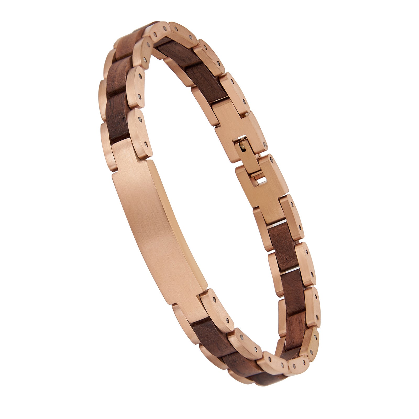 Men's elegant bracelet with rose gold stainless steel and natural walnut wood links, featuring a timeless design perfect for men's fashion accessories.