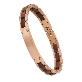 Men's elegant bracelet with rose gold stainless steel and natural walnut wood links, featuring a timeless design perfect for men's fashion accessories.