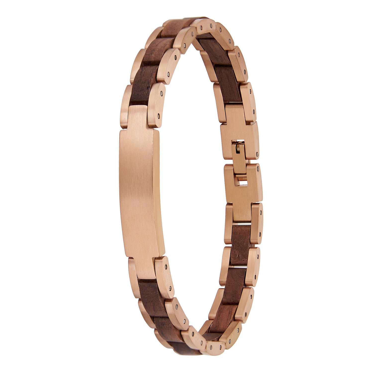 Men's sophisticated bracelet made with rose gold stainless steel and natural walnut wood links, featuring a sleek design ideal for men's fashion accessories.