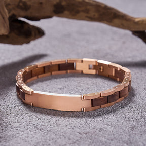 Men's elegant bracelet crafted with rose gold stainless steel and natural walnut wood links, showcasing a sleek design ideal for men's fashion accessories.
