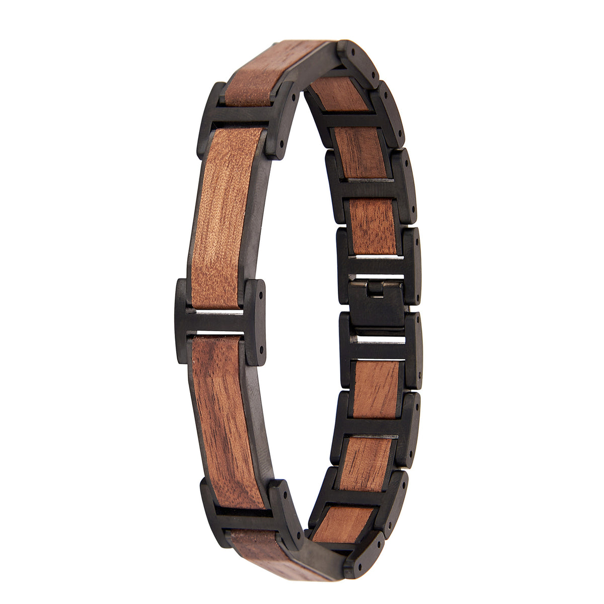 Men's bracelet crafted from black stainless steel and walnut wood, a stylish and unique accessory for men, featuring a blend of metal and wood design.