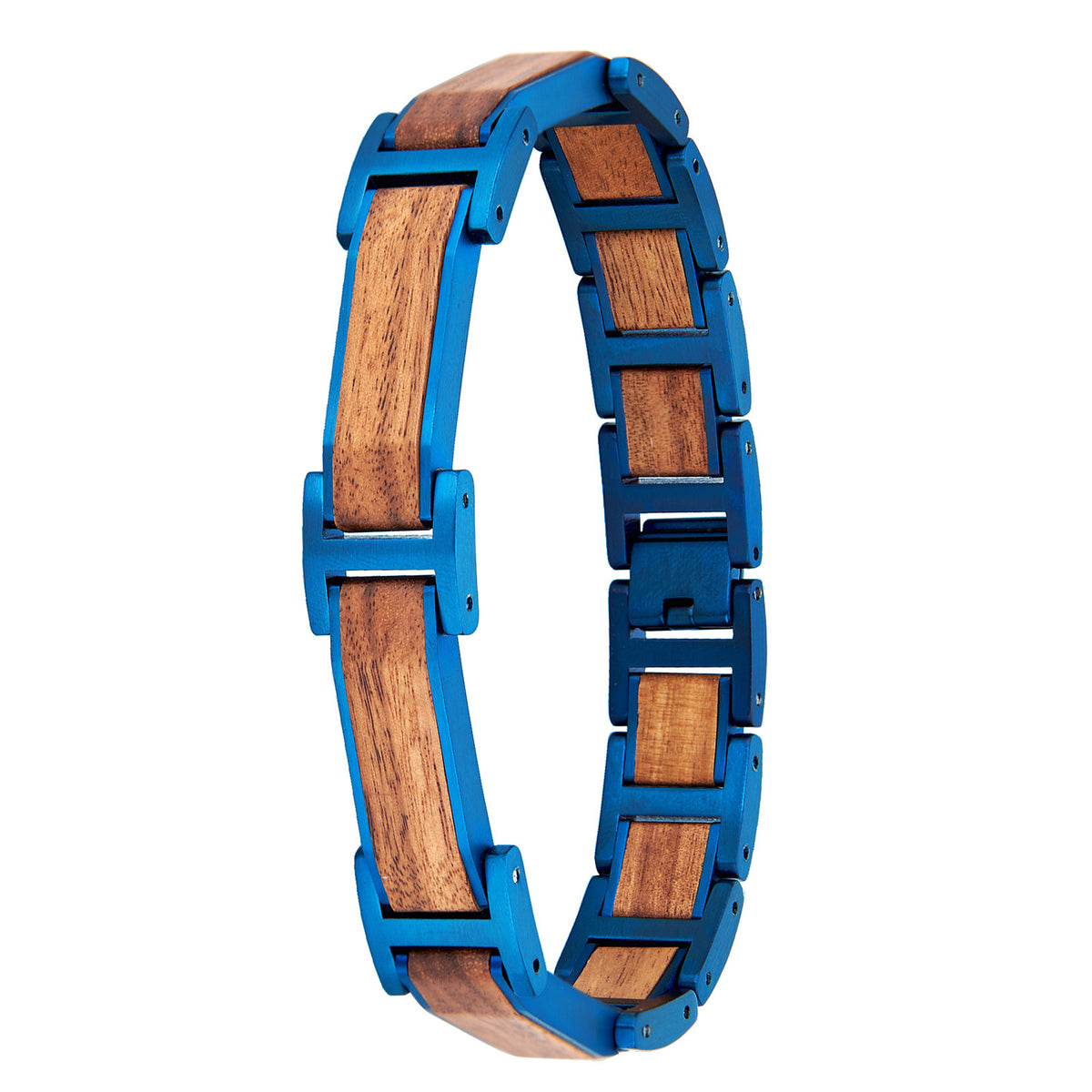 Men's bracelet made of blue stainless steel and walnut wood, a trendy accessory for men, featuring a unique blend of metal and wood design, perfect for fashion-conscious gentlemen.