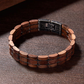 Men's wooden bracelet made of walnut wood and gunmetal stainless steel, stylish accessory for men, perfect for casual or trendy looks.