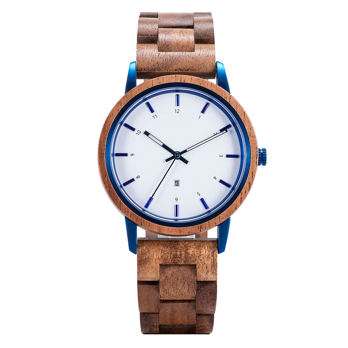 A stylish men's watch featuring a white dial with blue accents, light brown wooden band, and blue metal details, presented against a white background to highlight its natural and modern design aesthetic.