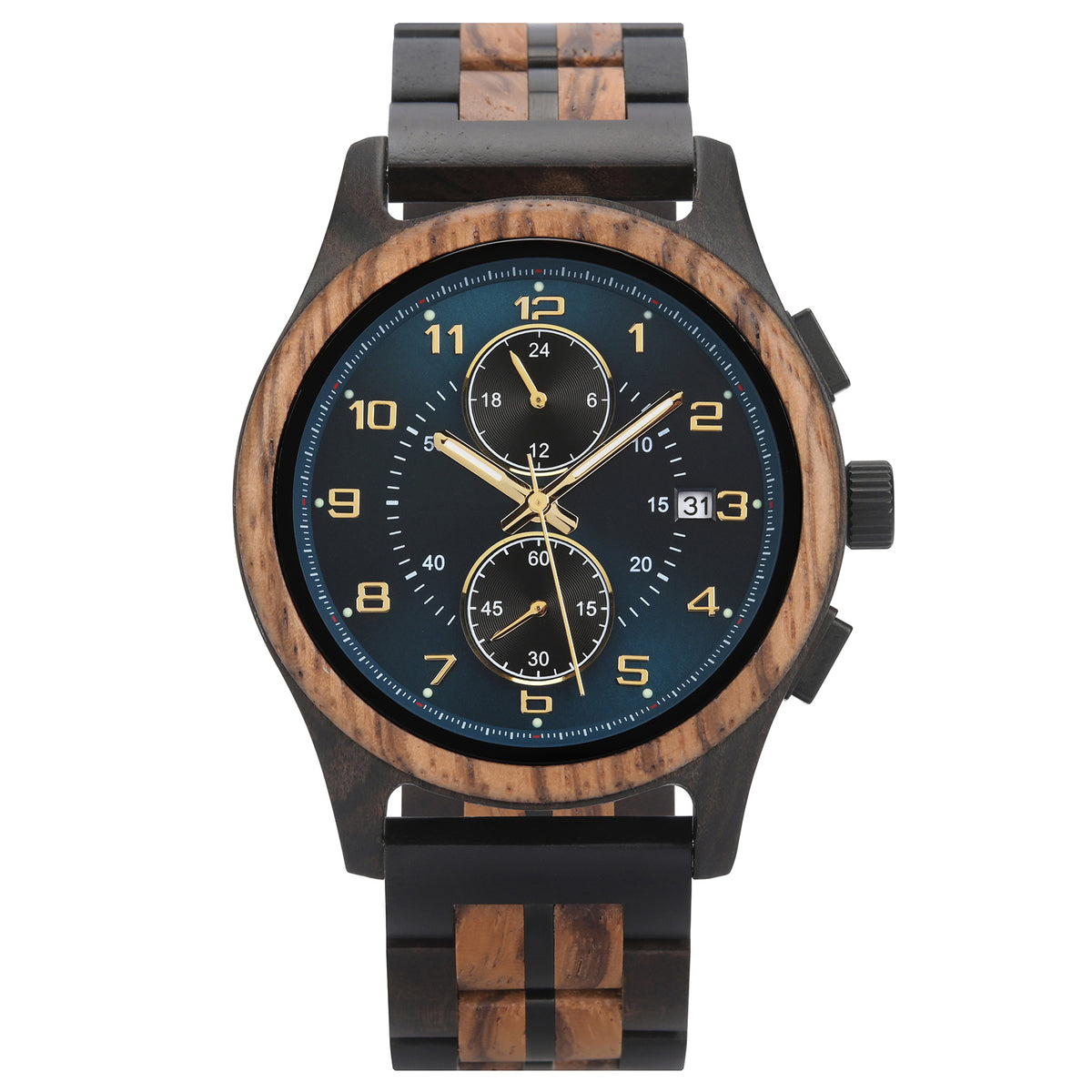 A men's chronograph watch with a combination of dark wood and black metal band, featuring a dark teal dial with gold-tone numerals, hands, and sub-dials, along with a date display, isolated on a white background.