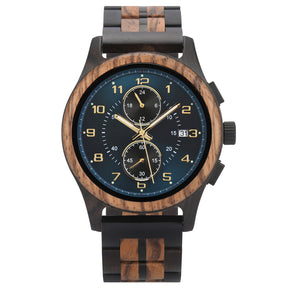 A men's chronograph watch with a combination of dark wood and black metal band, featuring a dark teal dial with gold-tone numerals, hands, and sub-dials, along with a date display, isolated on a white background.